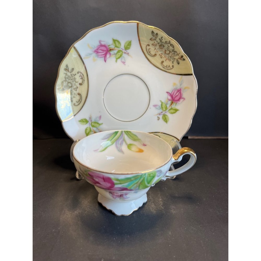 Vintage Norleans Ucacgo Tea Cup Saucer Gold Trim Footed Hand Painted Rose
